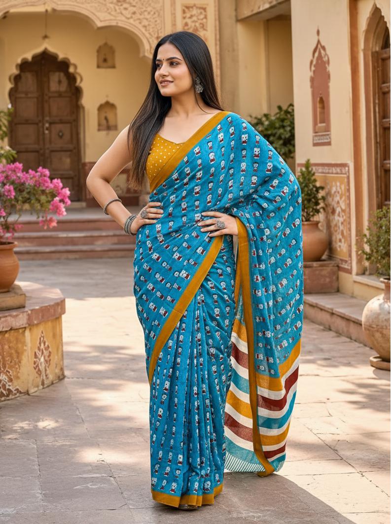 Mulmul Cotton Bagru Block Print Saree With Unstitched Blouse(blue) image 3