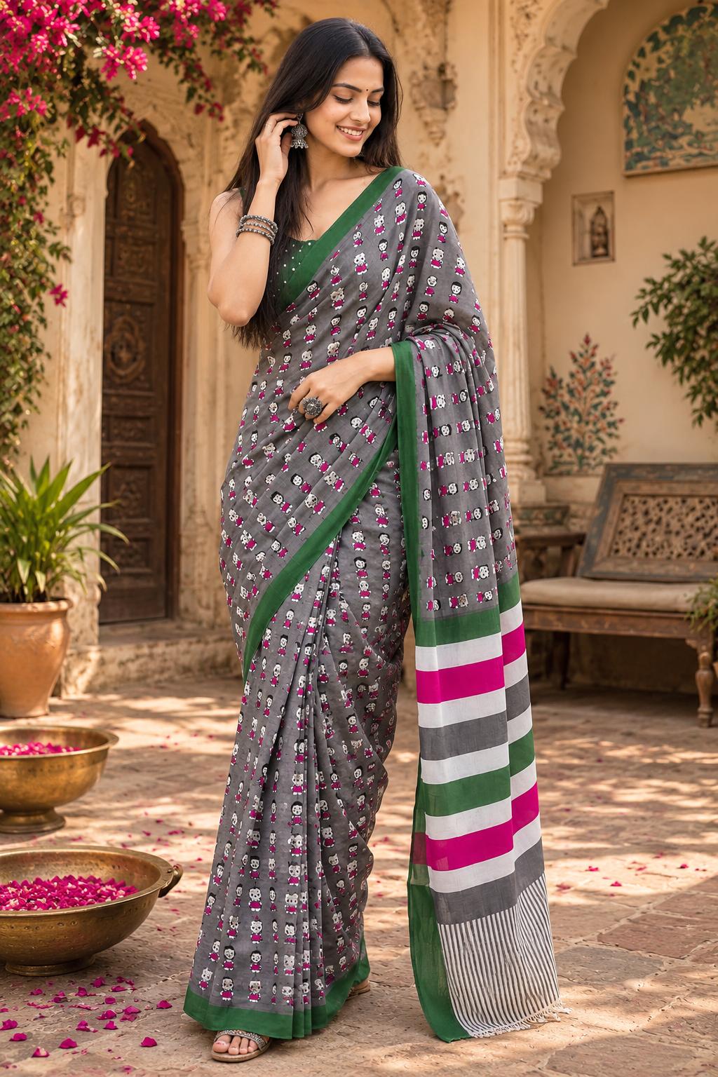 Mulmul Cotton Bagru Block Print Saree With Unstitched Blouse(black) image 3