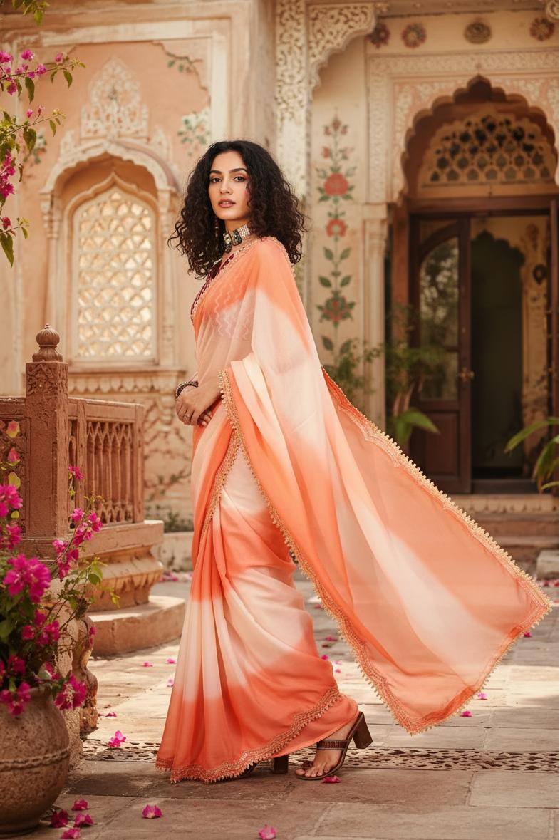 Georgette Embroidery Lace Work Saree With Unstitched Blouse(orange) image 3