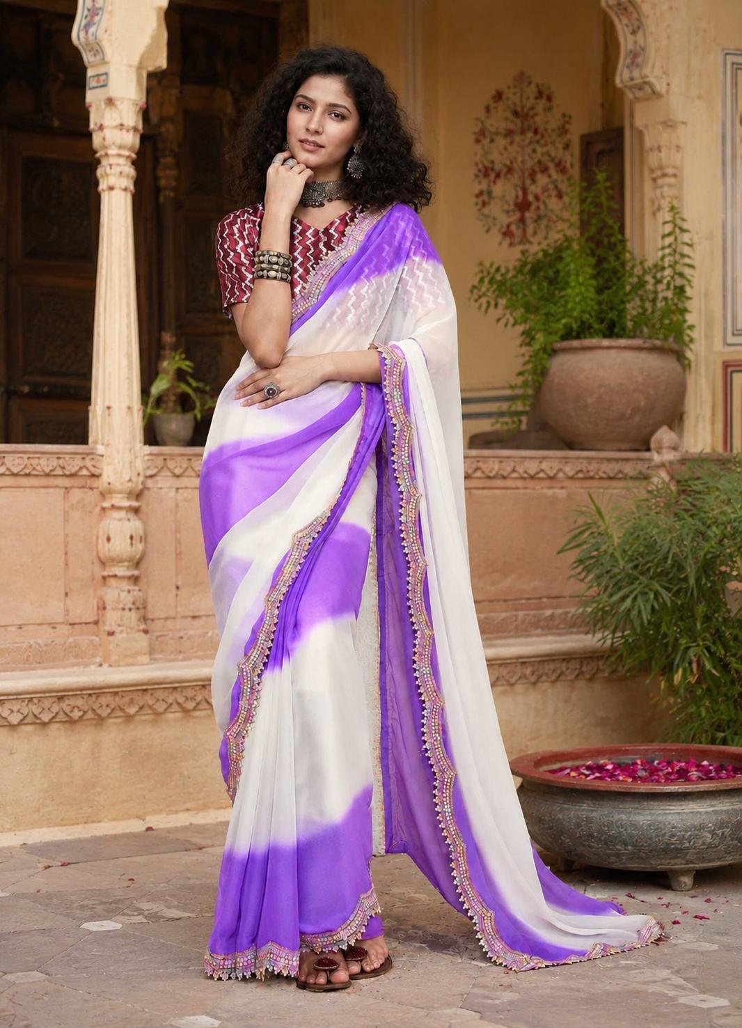 Georgette Embroidery Lace Work Saree With Unstitched Blouse(purple) image 3