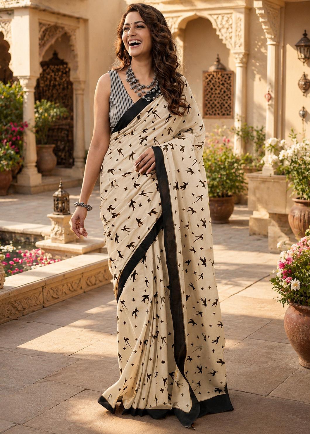 Soft Pure Cotton Jaipur Block Printed Saree With Unstitched Blouse(cream) image 3