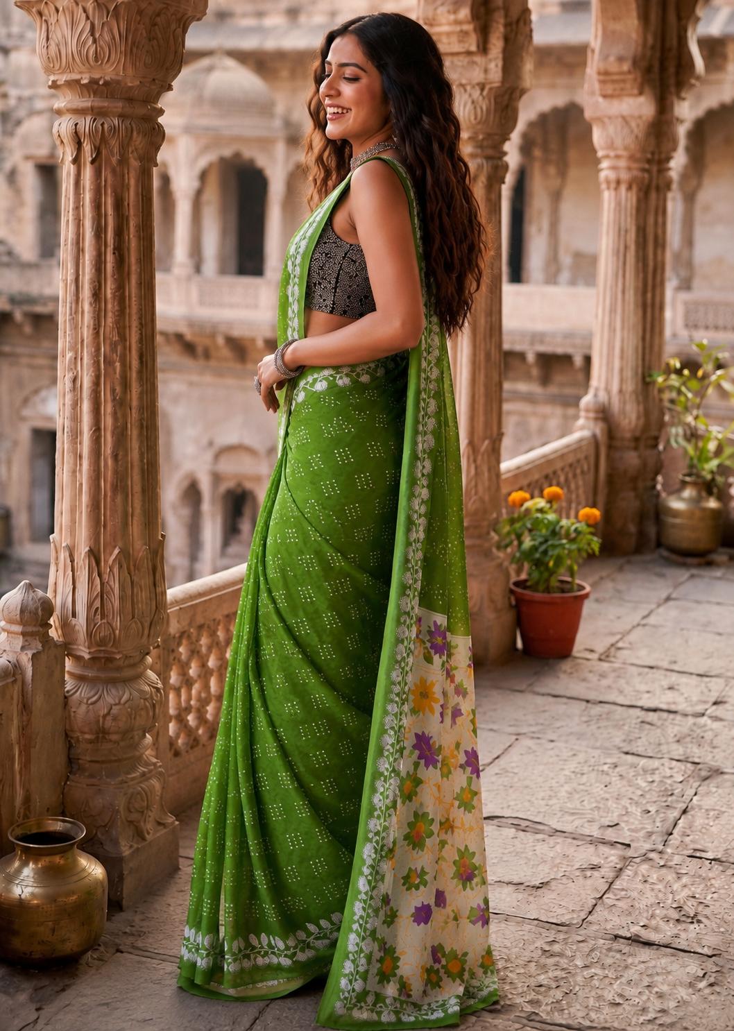 Pure Cotton Bagru Block Printed Saree With Unstitched Blouse(green) image 3