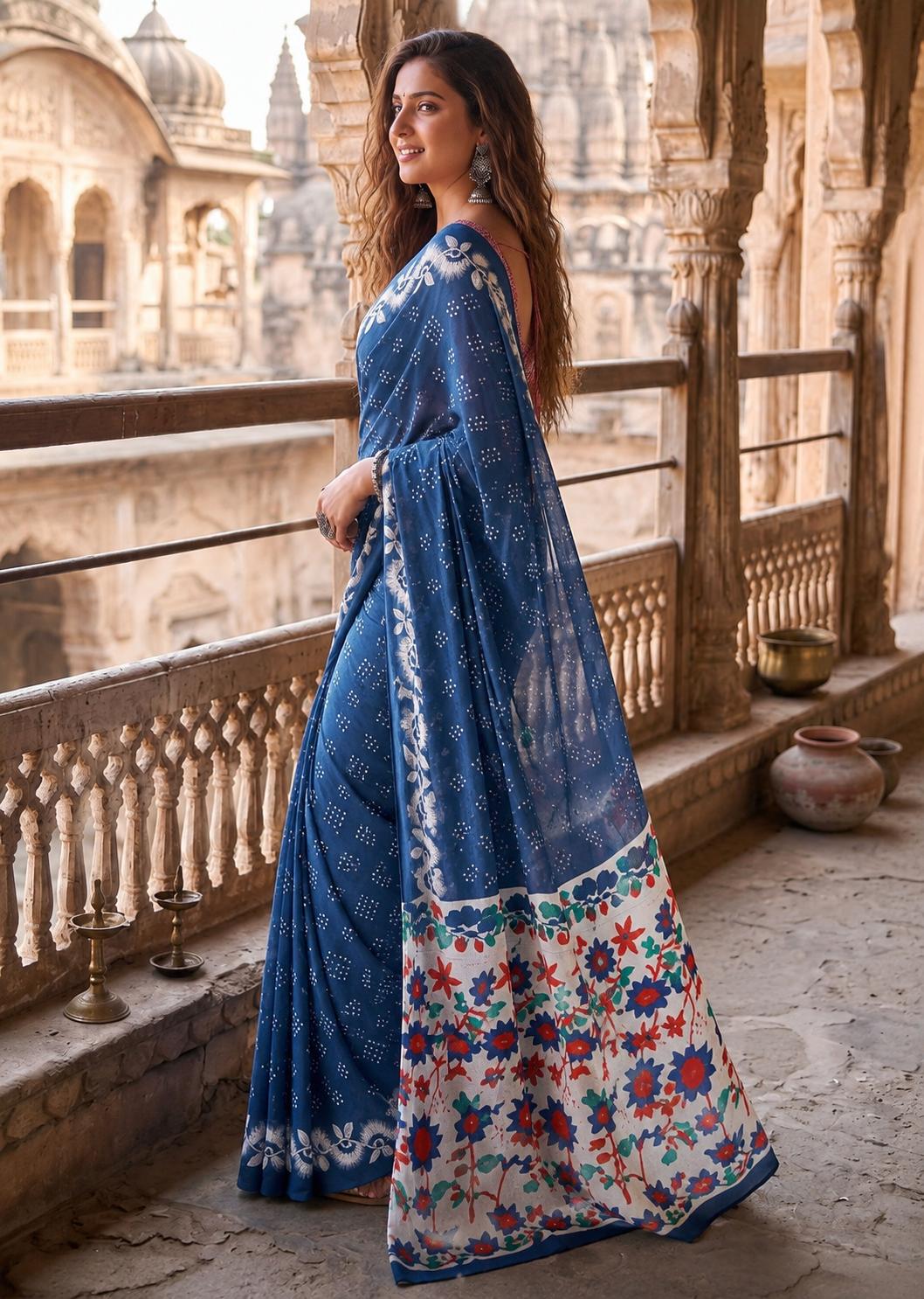 Pure Cotton Bagru Block Printed Saree With Unstitched Blouse(blue) image 3