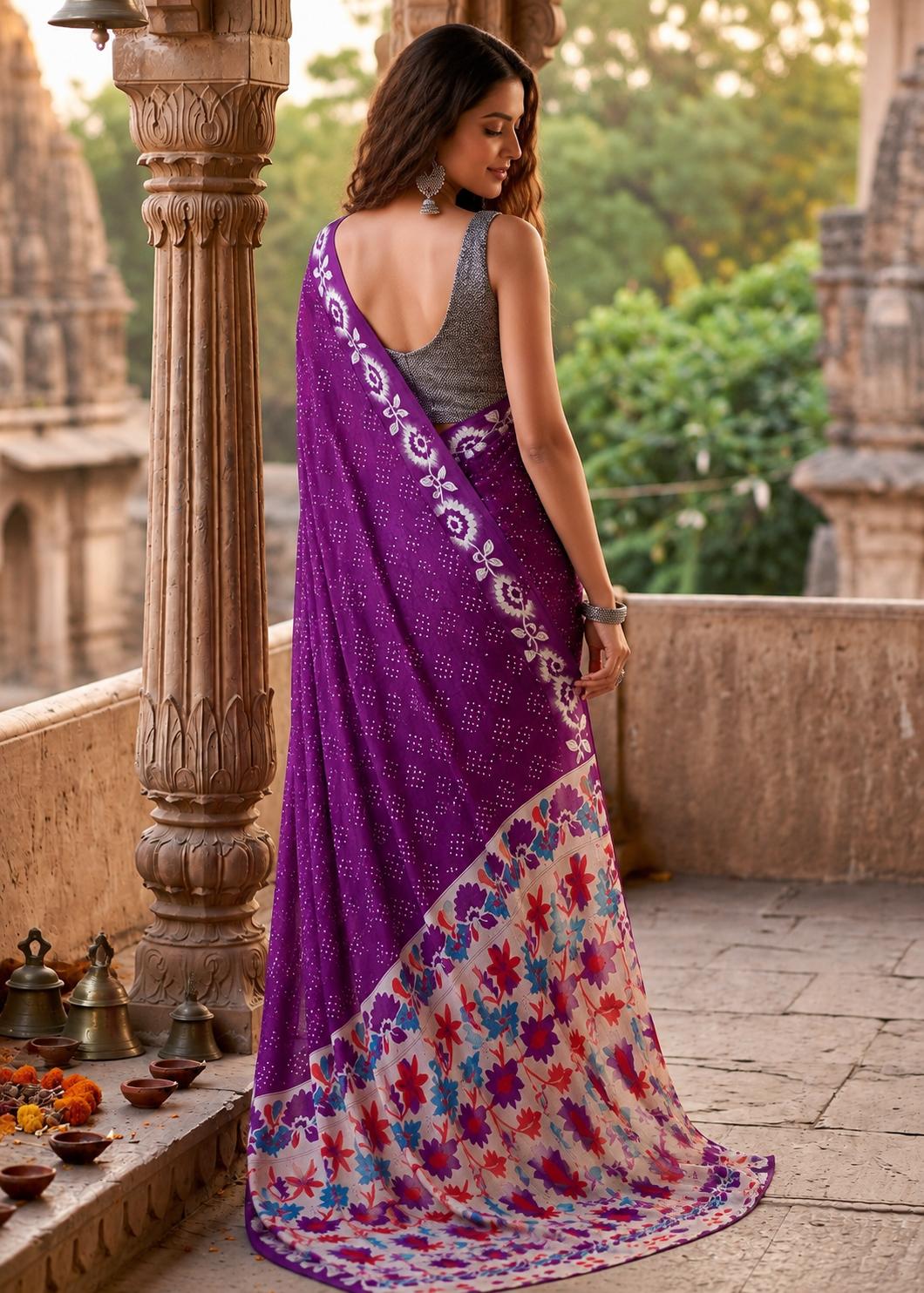 Pure Cotton Bagru Block Printed Saree With Unstitched Blouse(purple) image 3
