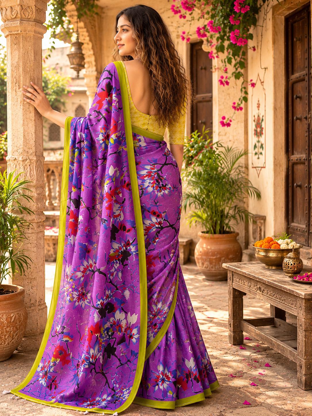 Mulmul Cotton Floral Printed Saree With Unstitched Blouse(purple) image 3