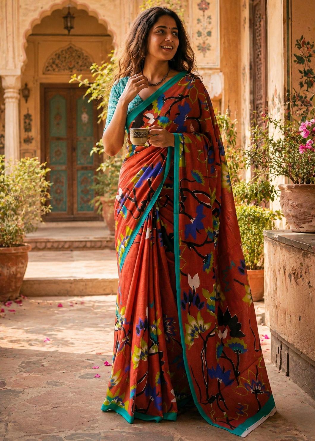 Mulmul Cotton Floral Printed Saree With Unstitched Blouse(orange) image 3
