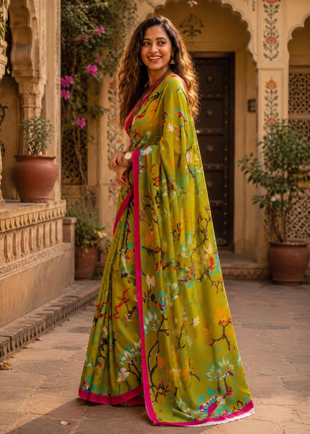 Mulmul Cotton Floral Printed Saree With Unstitched Blouse(green) image 3