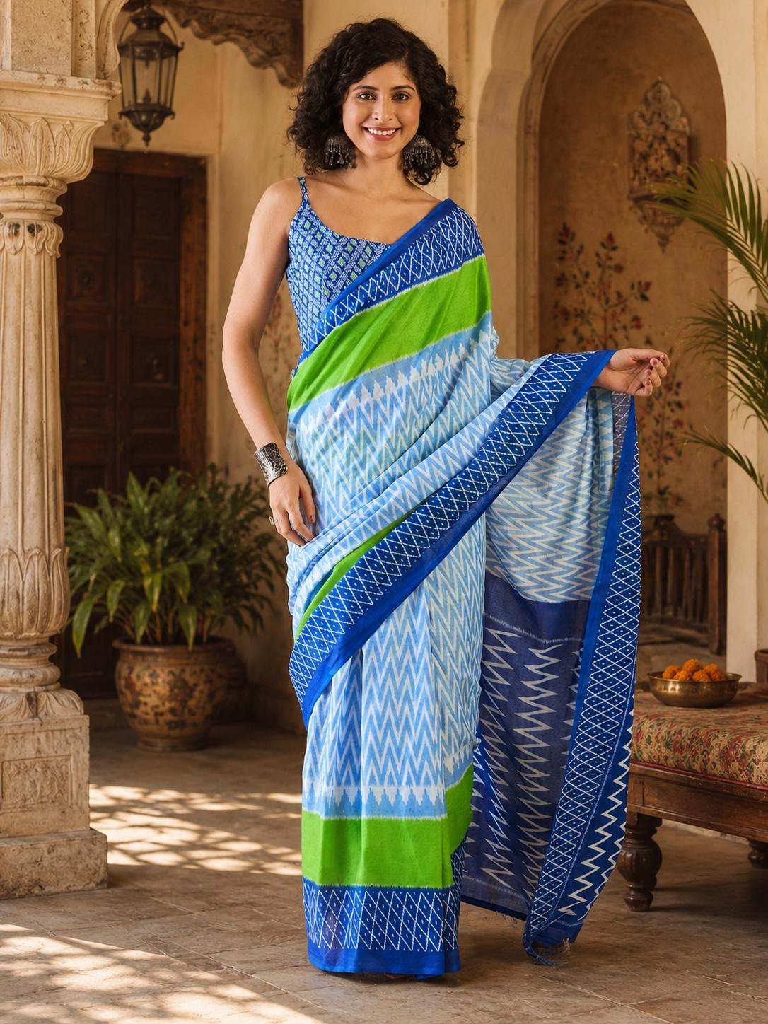 Mulmul Cotton Printed Pocket Saree With Unstitched Blouse(sky Blue) image 3