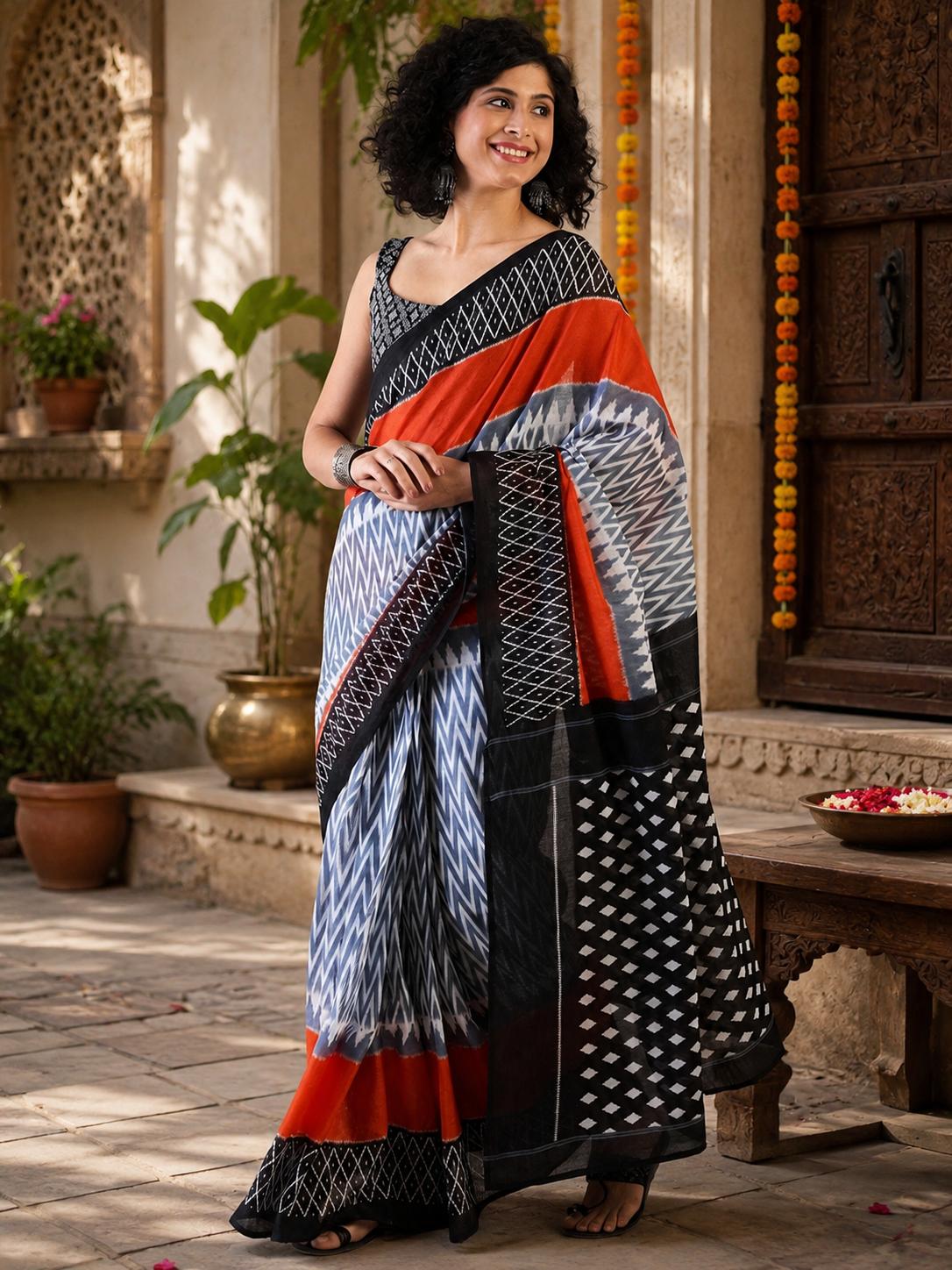 Mulmul Cotton Printed Pocket Saree With Unstitched Blouse(black) image 3