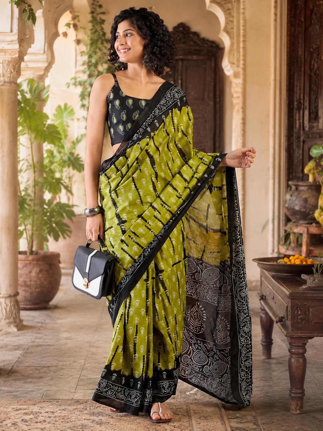 Mulmul Cotton Printed Pocket Saree With Unstitched Blouse(green) image 3