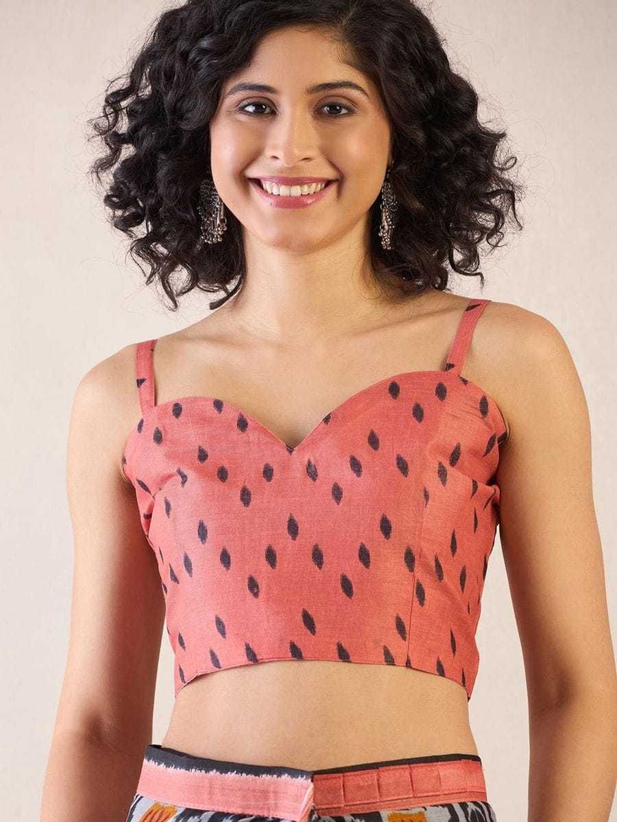 Mulmul Cotton Printed Pocket Saree With Unstitched Blouse(peach) image 3