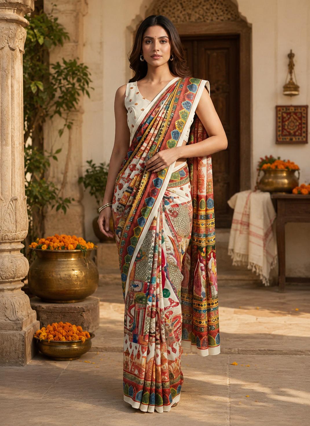 Georgette Digital Print Mirror Work Saree With Unstitched Blouse(white) image 3
