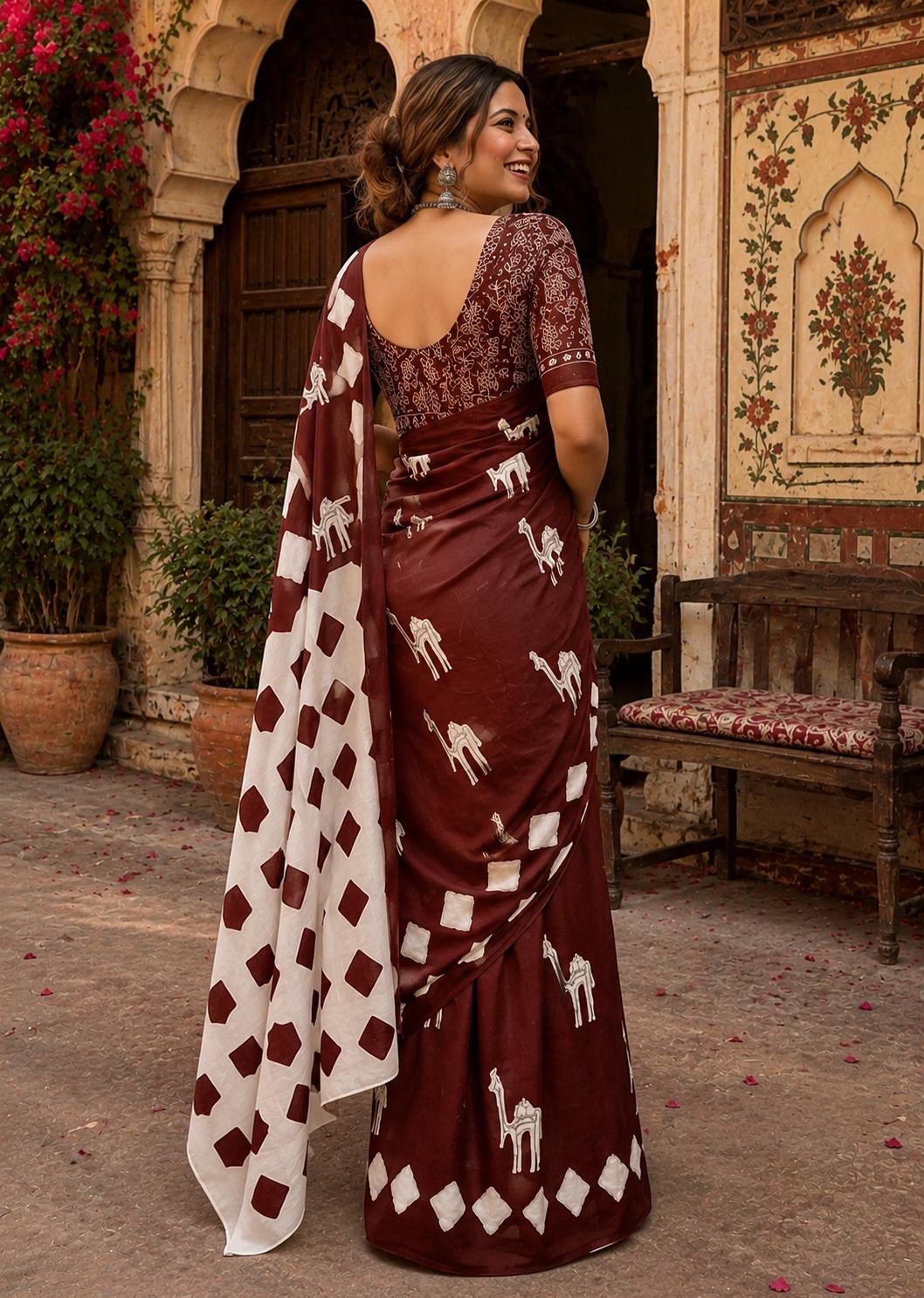 Soft Pure Cotton Printed Saree With Unstitched Blouse(coffee) image 3