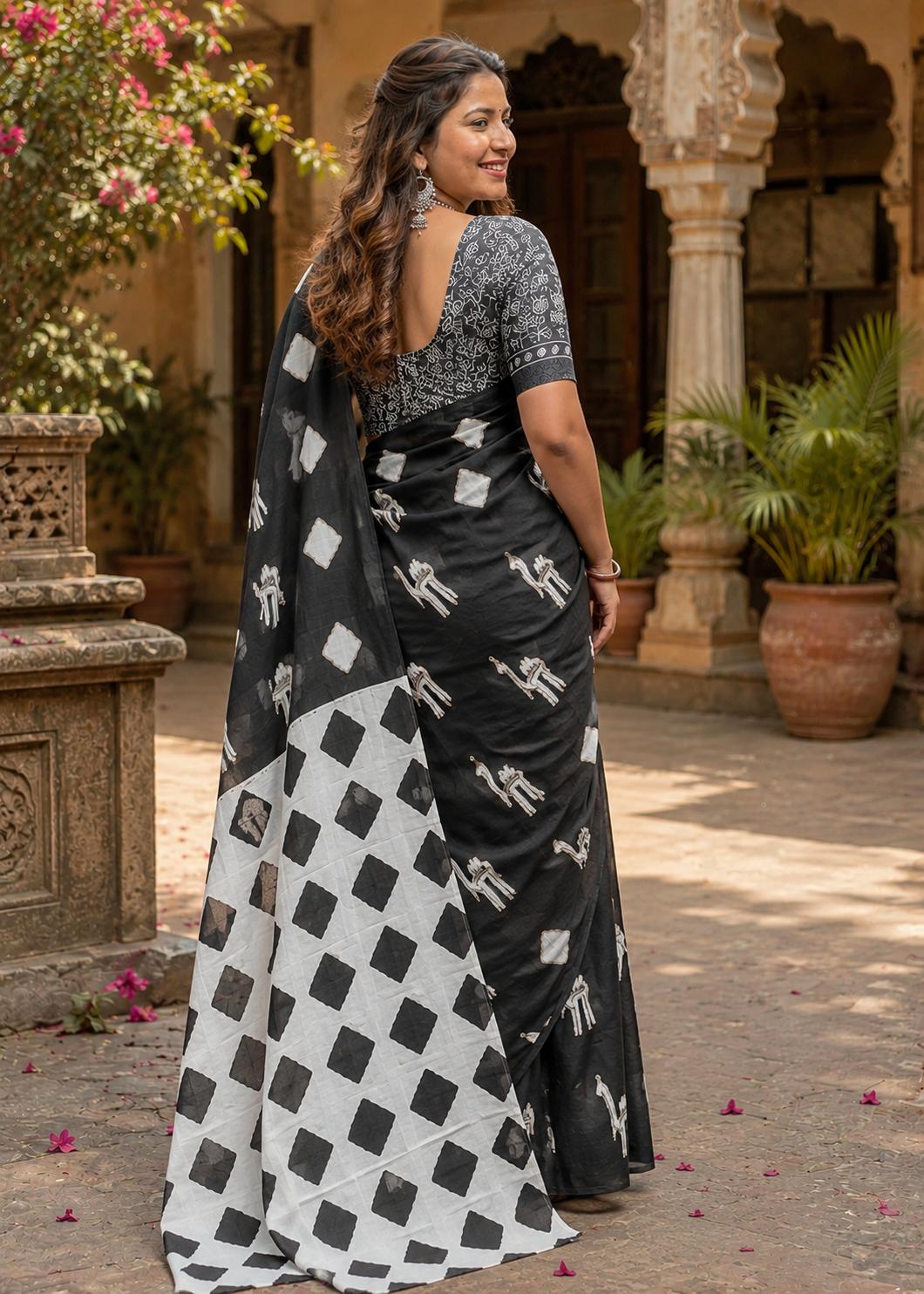 Soft Pure Cotton Printed Saree With Unstitched Blouse(black) image 3