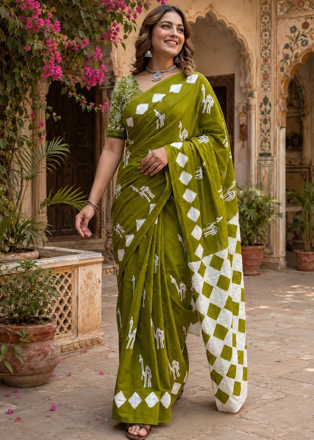 Soft Pure Cotton Printed Saree With Unstitched Blouse(green) image 3