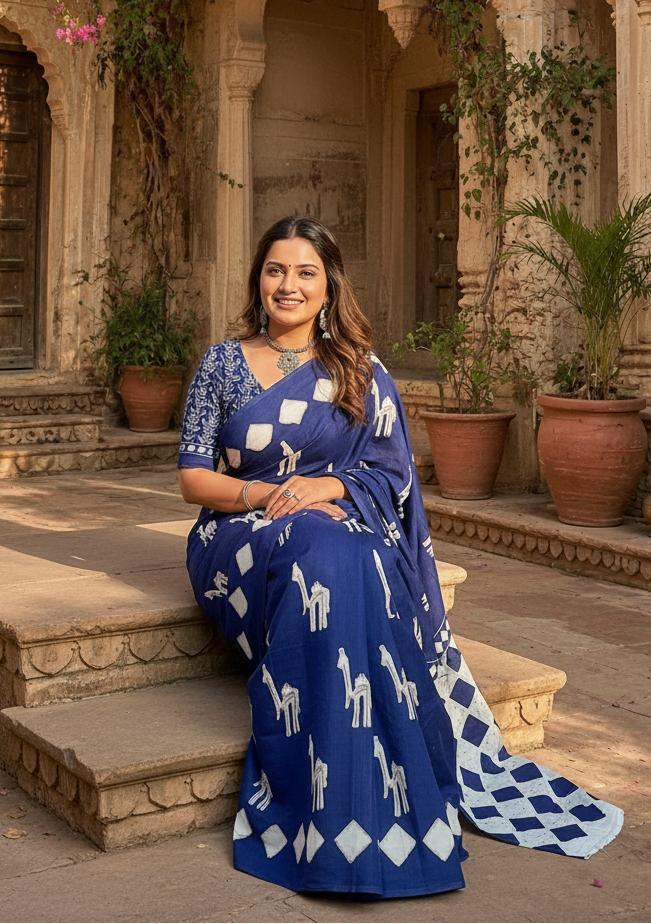 Soft Pure Cotton Printed Saree With Unstitched Blouse(blue) image 3