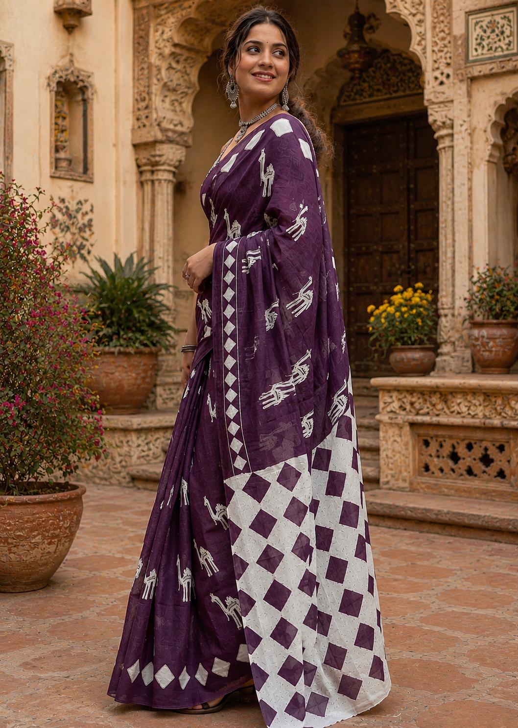 Soft Pure Cotton Printed Saree With Unstitched Blouse(wine) image 3