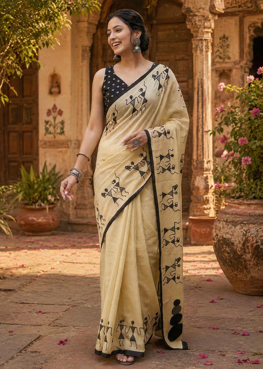 Mulmul Cotton Bagru- Printed Saree With Unstitched Blouse(cream) image 3