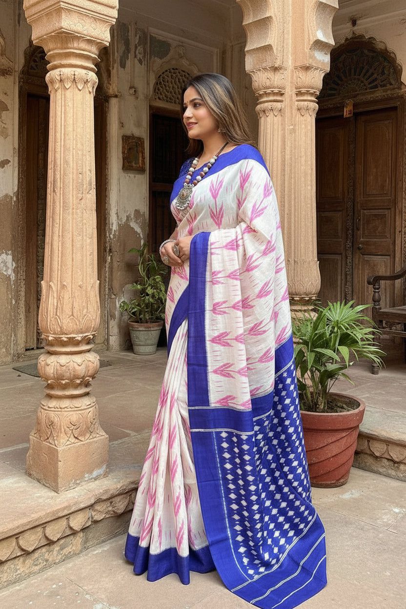 Mulmul Cotton Bagru- Printed Saree With Unstitched Blouse(baby Pink) image 3