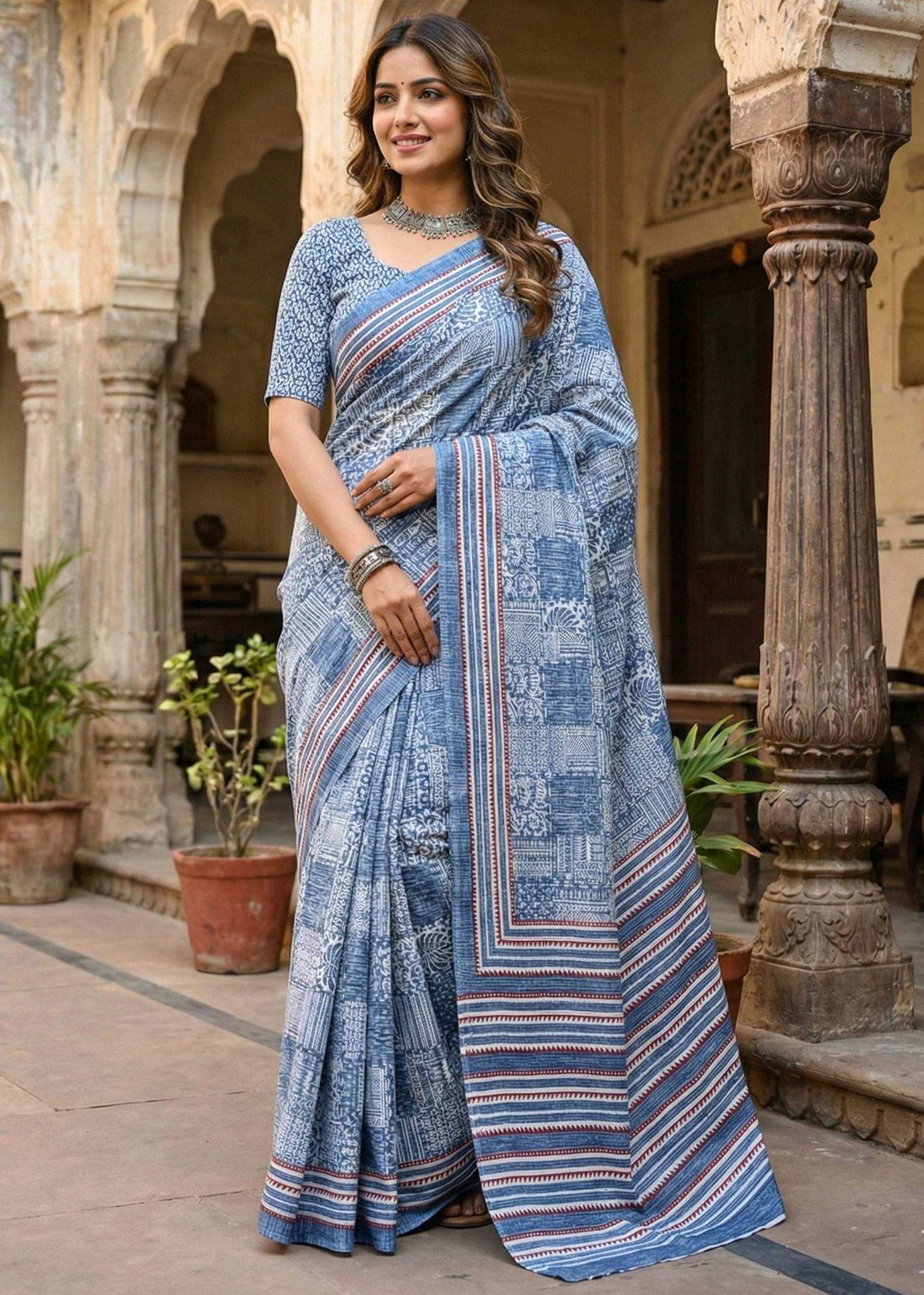 Soft Pure Cotton Bagru-printed Saree With Unstitched Blouse(sky Blue) image 3