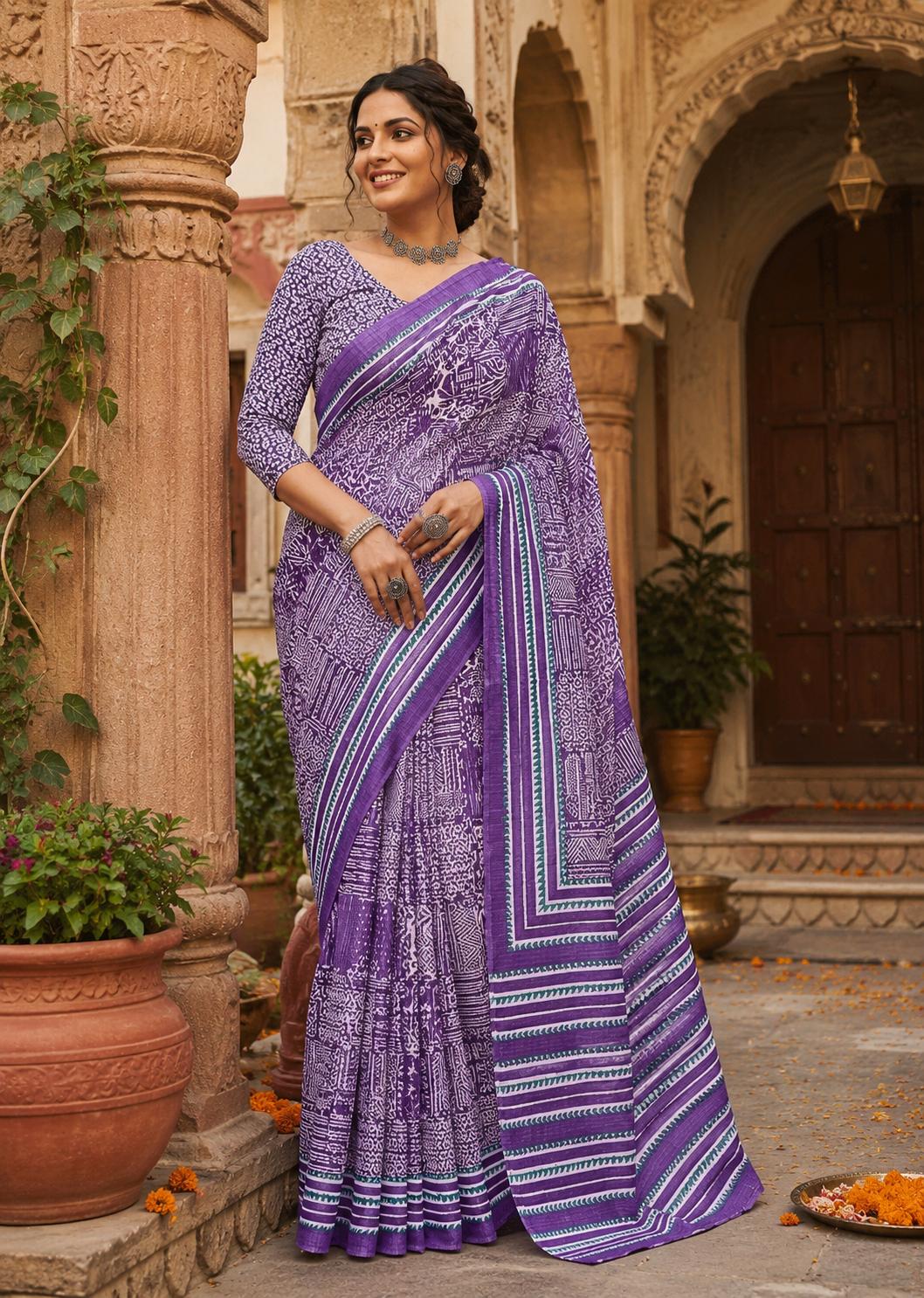 Soft Pure Cotton Bagru-printed Saree With Unstitched Blouse(violet) image 3