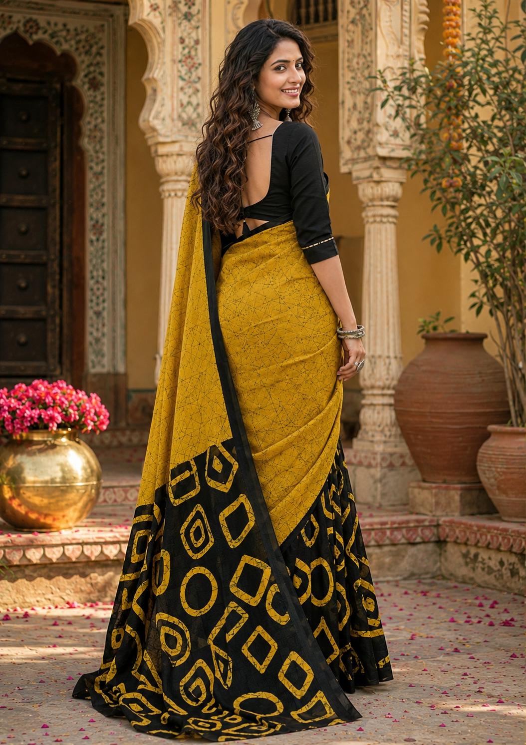 Mulmul Cotton Block Printed Saree With Unstitched Blouse(yellow) image 3