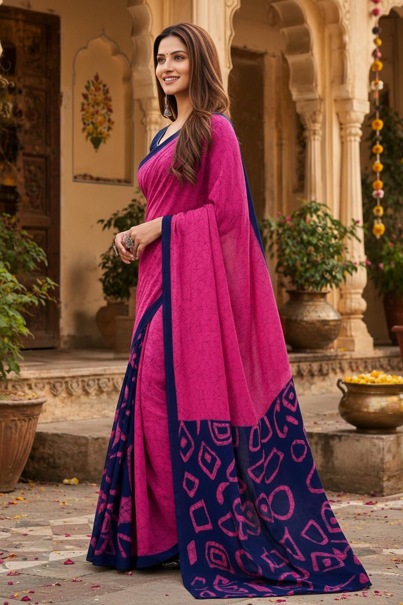 Mulmul Cotton Block Print Saree With Unstitched Blouse(pink) image 3