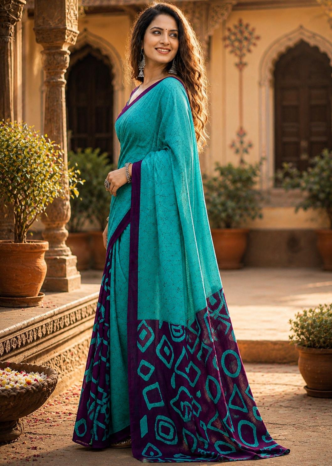 Mulmul Cotton Block Print Saree With Unstitched Blouse(blue) image 3