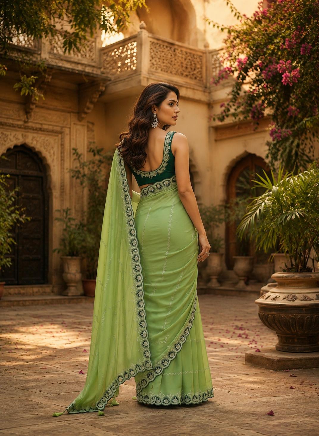 Designer Georgette Saree With Unstitched Blouse(green) image 3