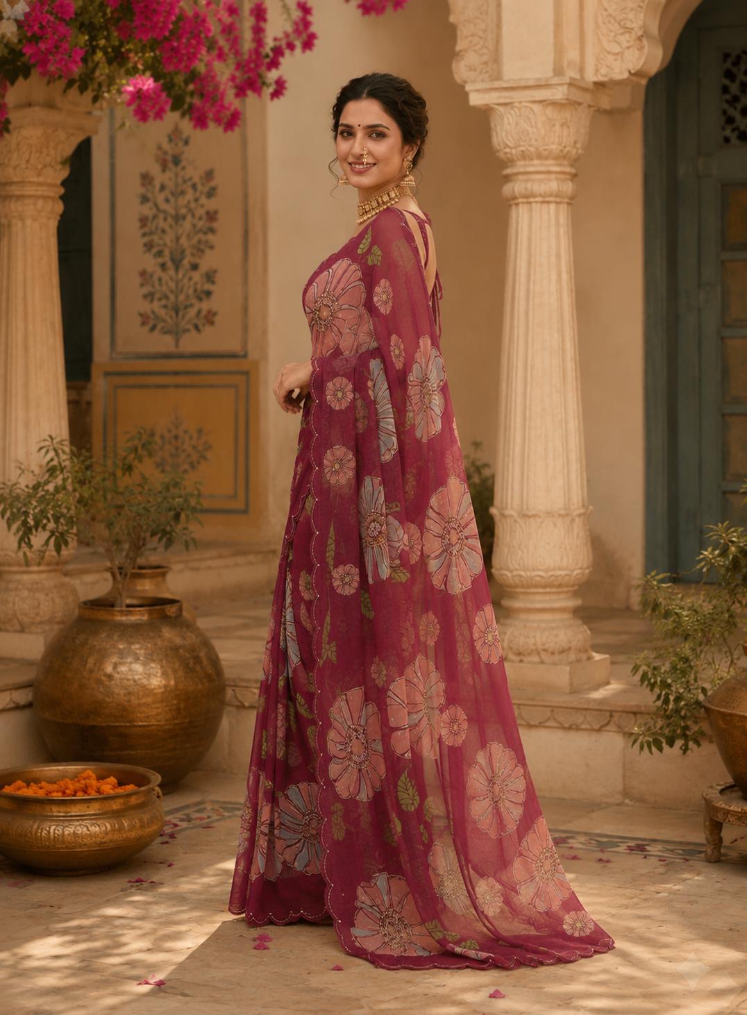 Organza Floral Print Saree With Unstitched Blouse(red) image 3