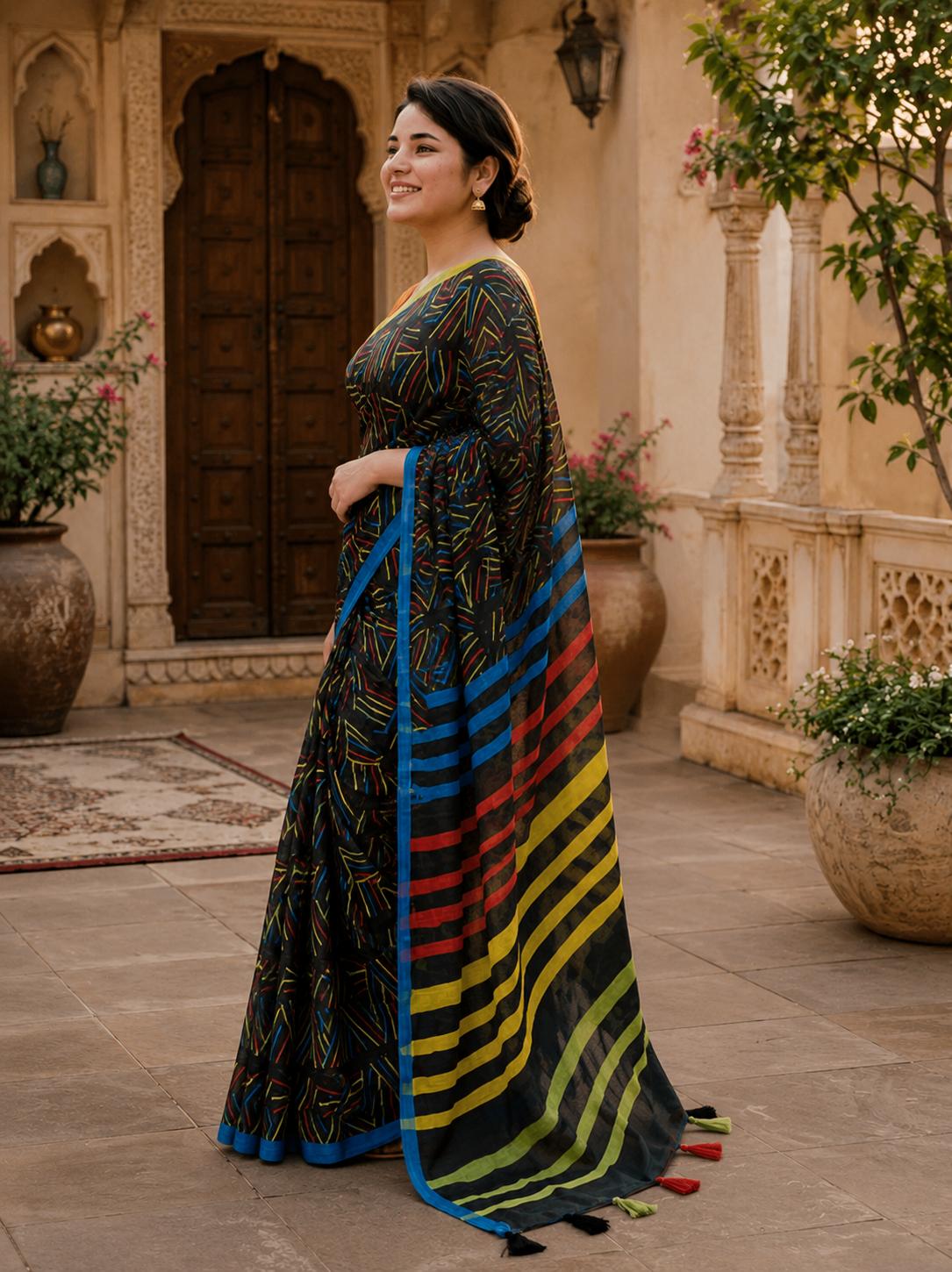 Linen Cotton Saree With Unstitched Blouse(black) image 3