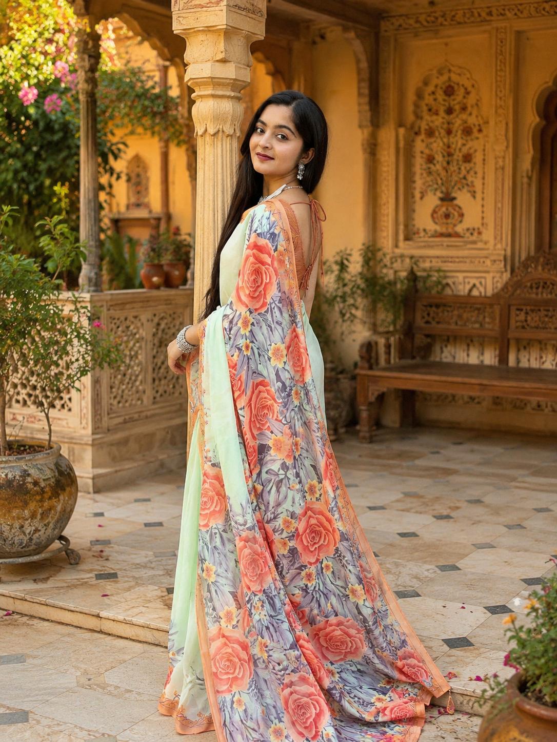 Linen Floral Printed Saree With Unstitched Blouse(green) image 3