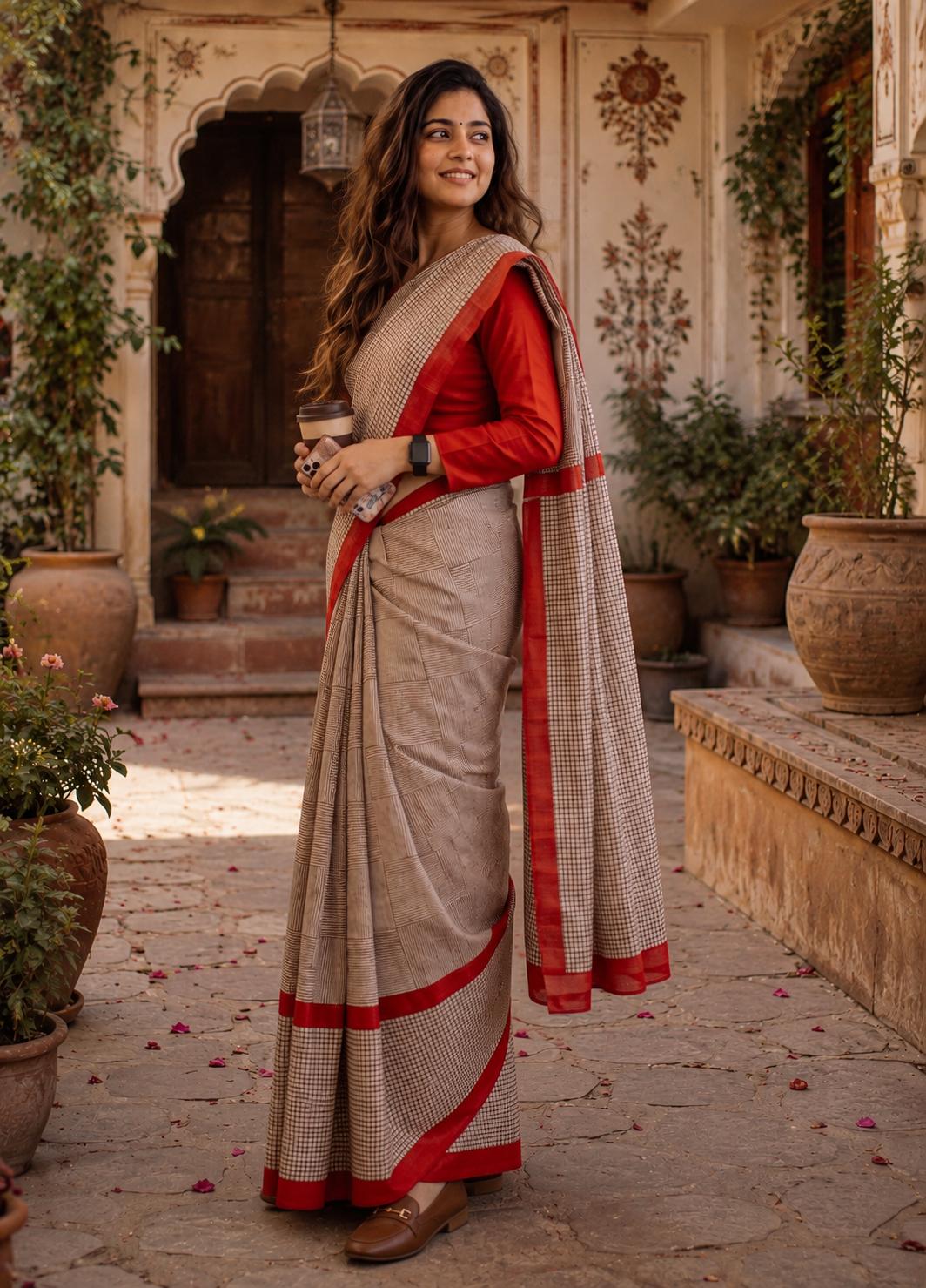 Mulmul Cotton Block Printed Saree With Unstitched Blouse(red) image 3