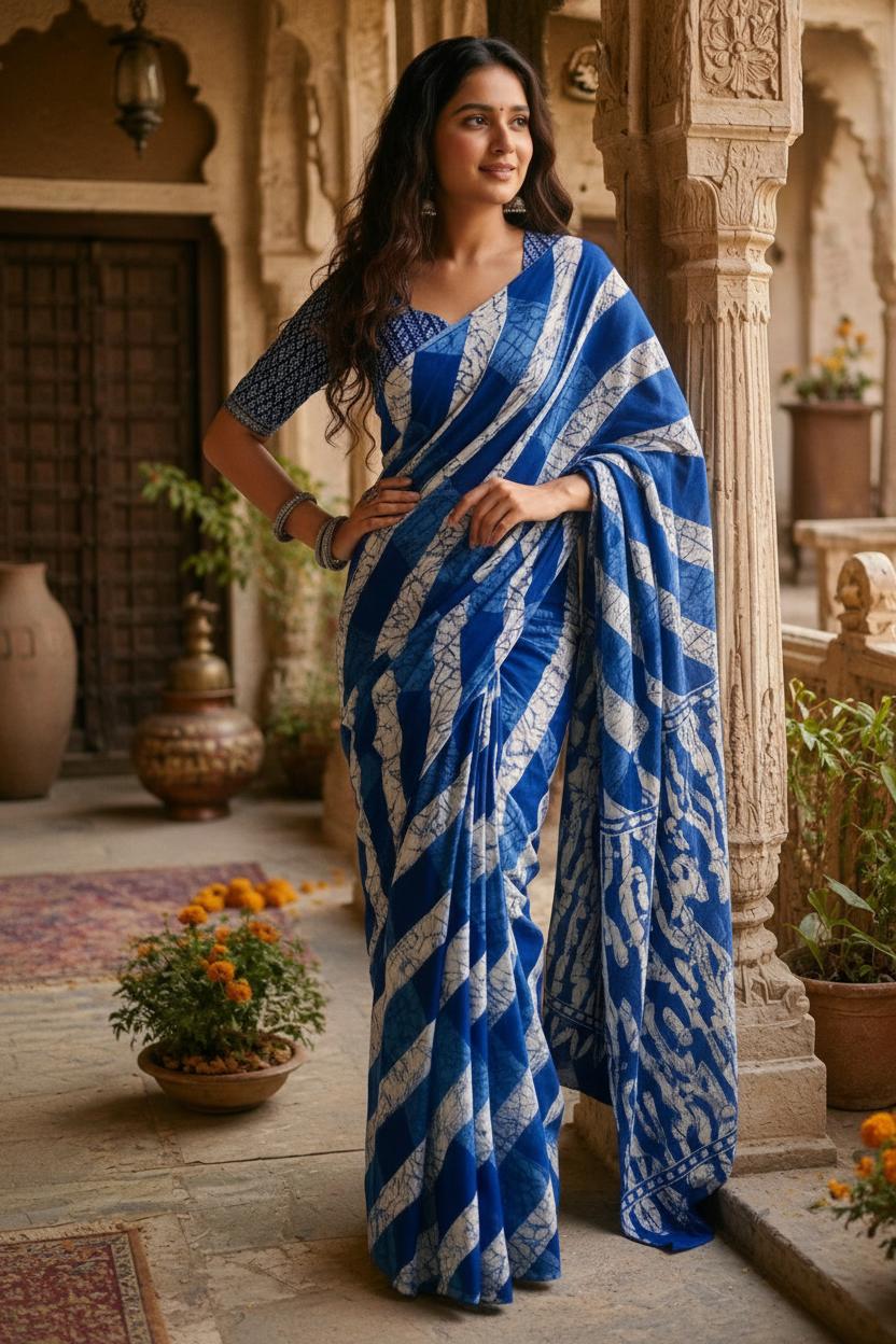 Mulmul Cotton Batik Hand Block Printed Saree With Unstitched Blouse(blue) image 3