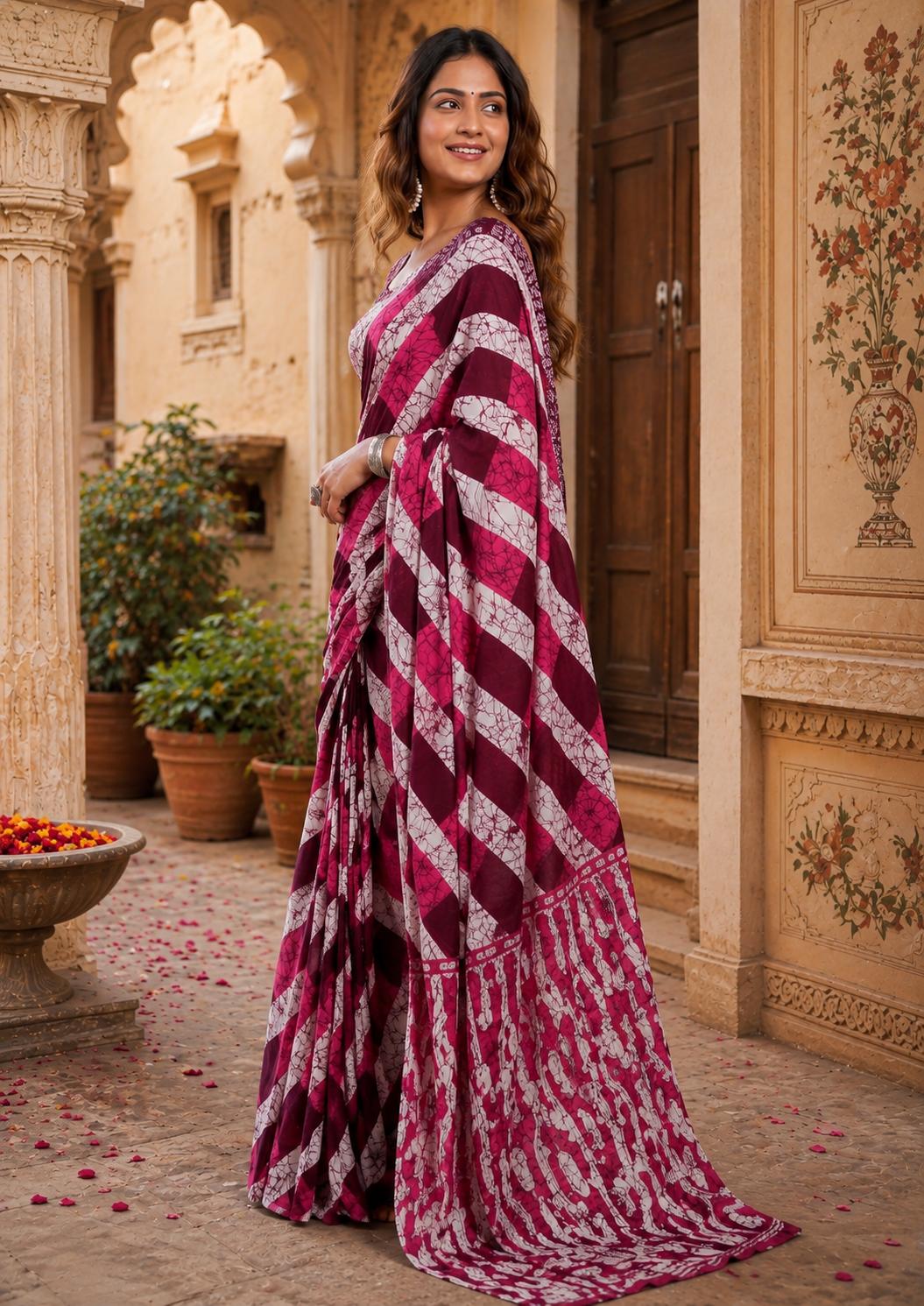 Mulmul Cotton Batik Hand Block Printed Saree With Unstitched Blouse(pink) image 3