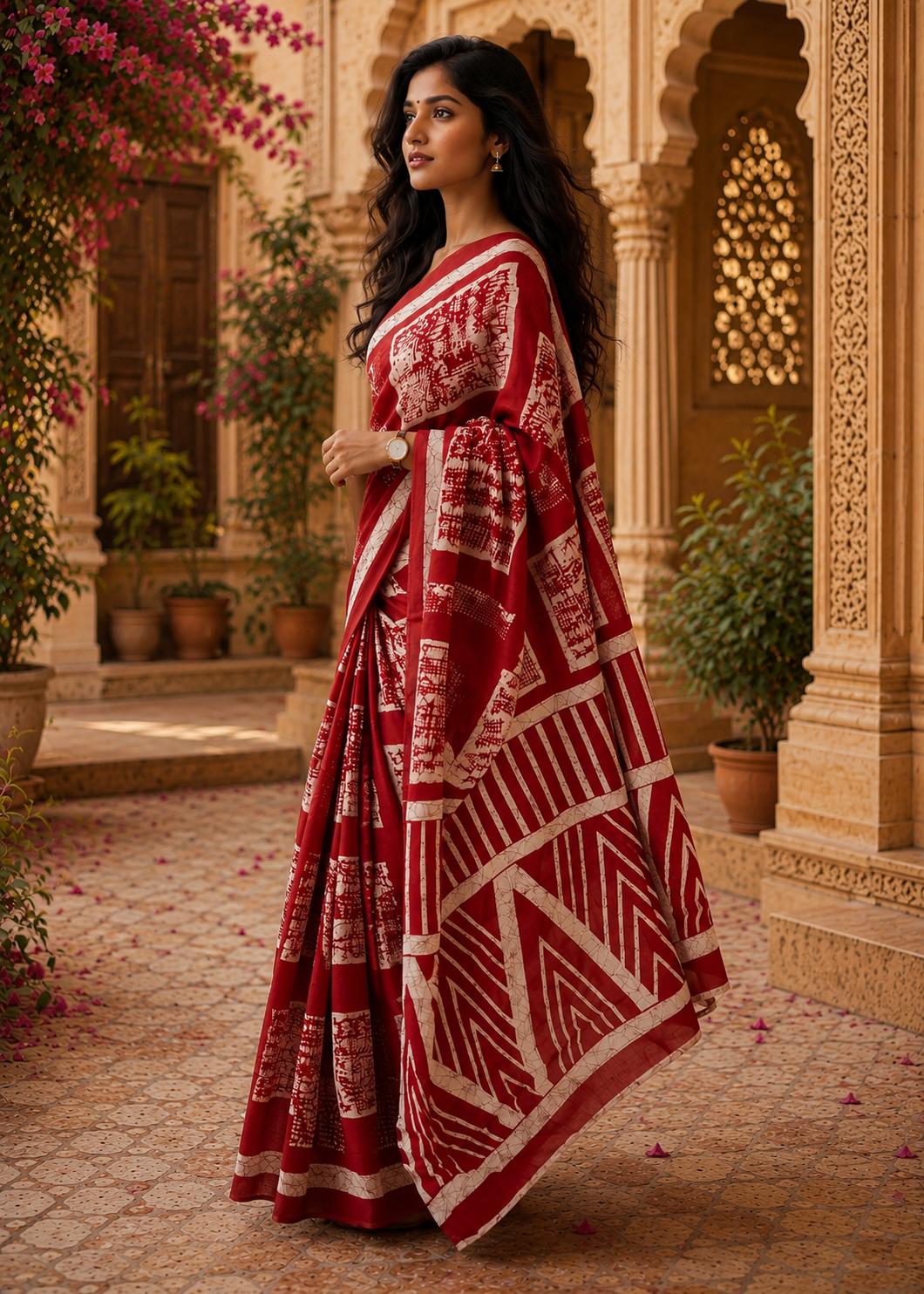 Mulmul Cotton Batik Hand Block Print Saree With Unstitched Blouse(red) image 3