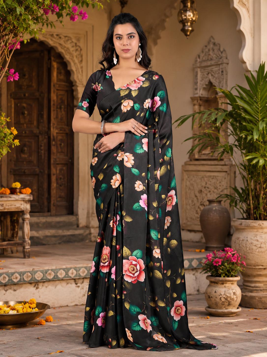 Soft Georgette Satin Floral Printed Saree With Unstitched Blouse(black) image 3