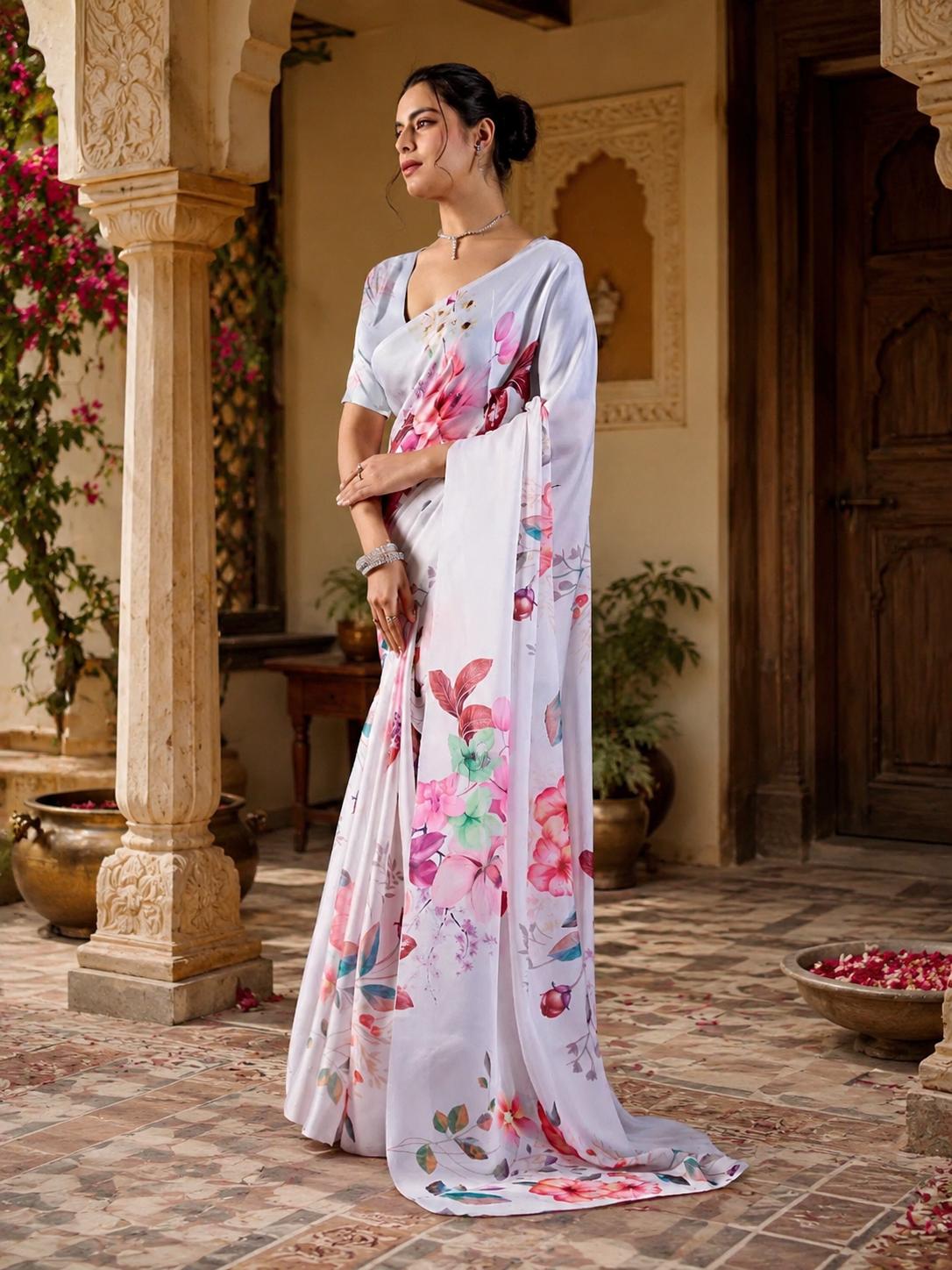 Soft Georgette Satin Printed Saree With Unstitched Blouse(white) image 3