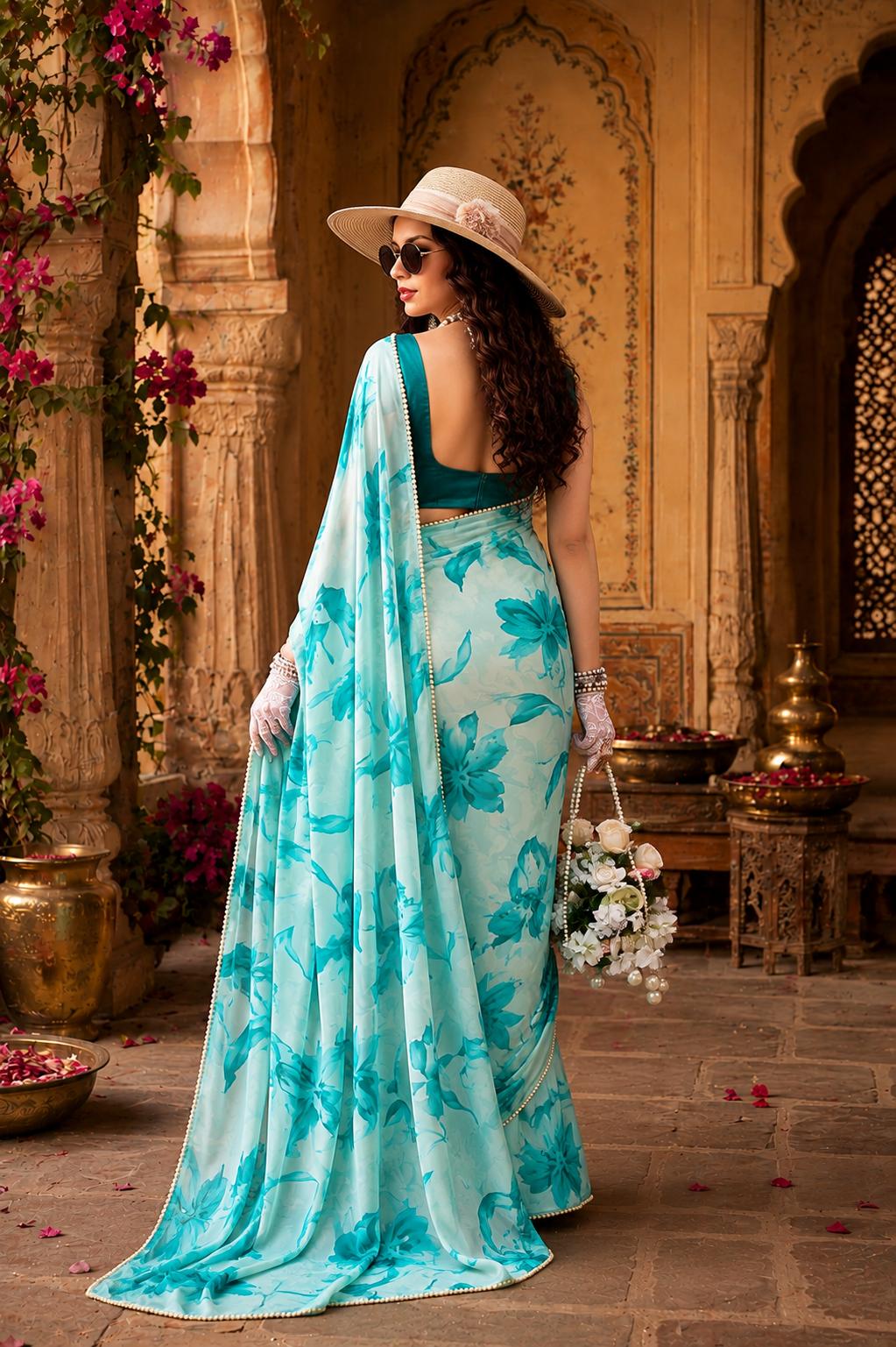 Satin Silk Floral Print Saree With Unstitched Blouse(teal) image 3