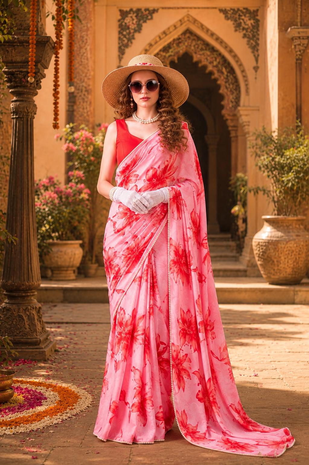 Satin Silk Floral Print Saree With Unstitched Blouse(red) image 3