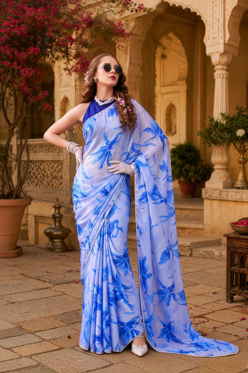 Satin Silk Floral Print Saree With Unstitched Blouse(blue) image 3