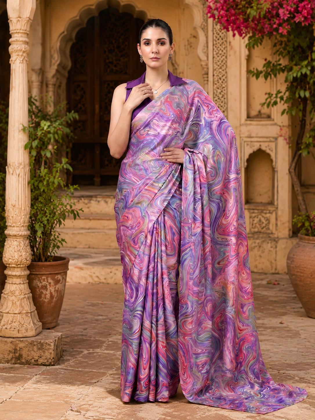 Satin Silk Party Wear Saree With Unstitched Blouse(lavender) image 3