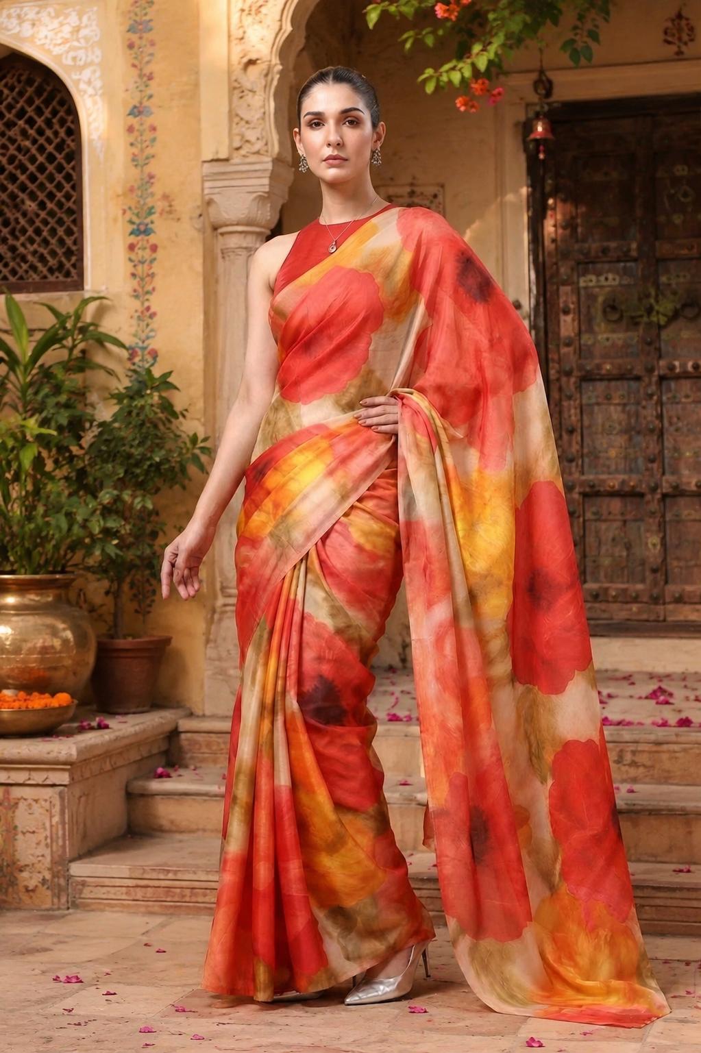 Satin Silk Party Wear Saree With Unstitched Blouse(orange) image 3
