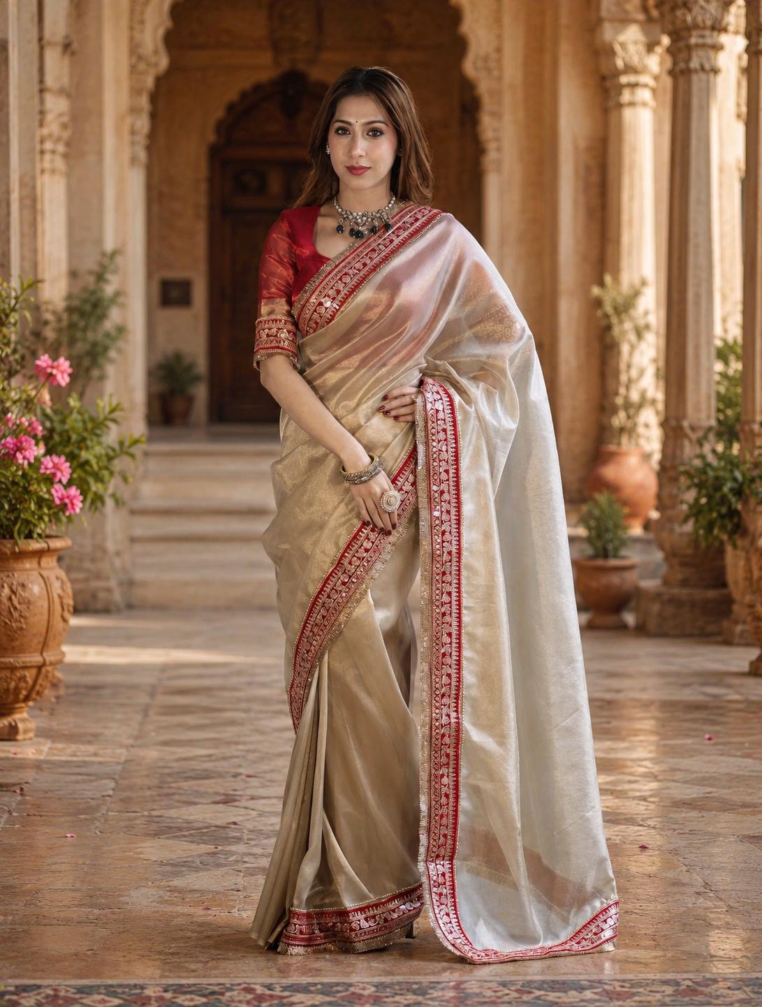 Twill Net Dori Embroidery Work Saree With Unstitched Blouse(grey) image 3
