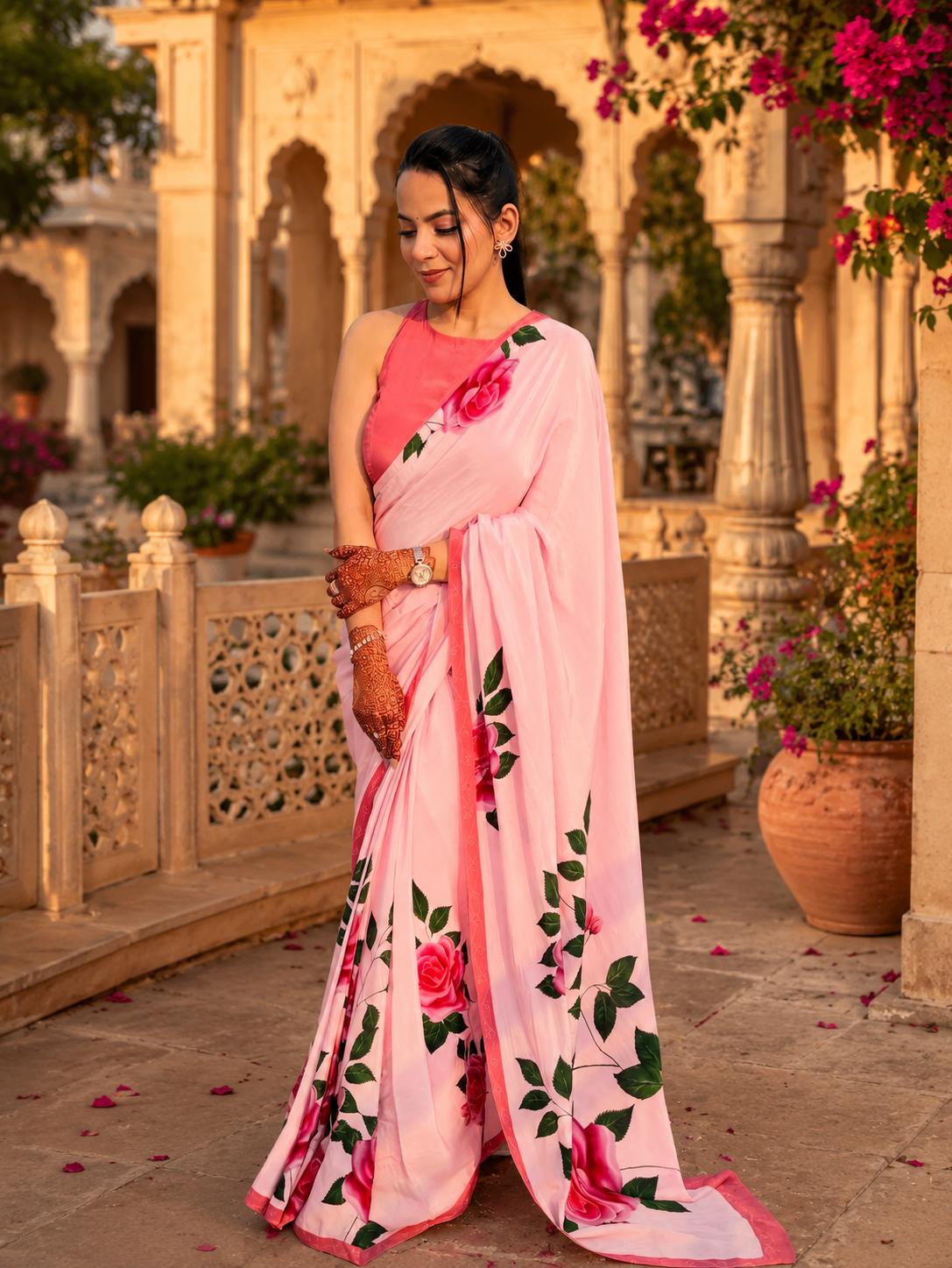 Satin Silk Printed Saree With Unstitched Blouse(pink) image 3