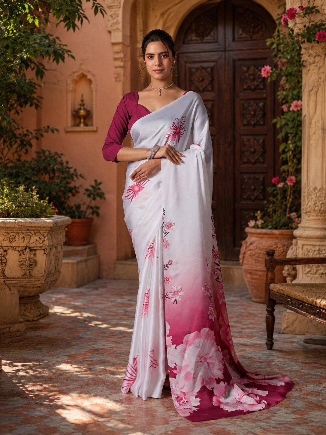 Georgette Satin Printed Saree With Unstitched Blouse(white) image 3