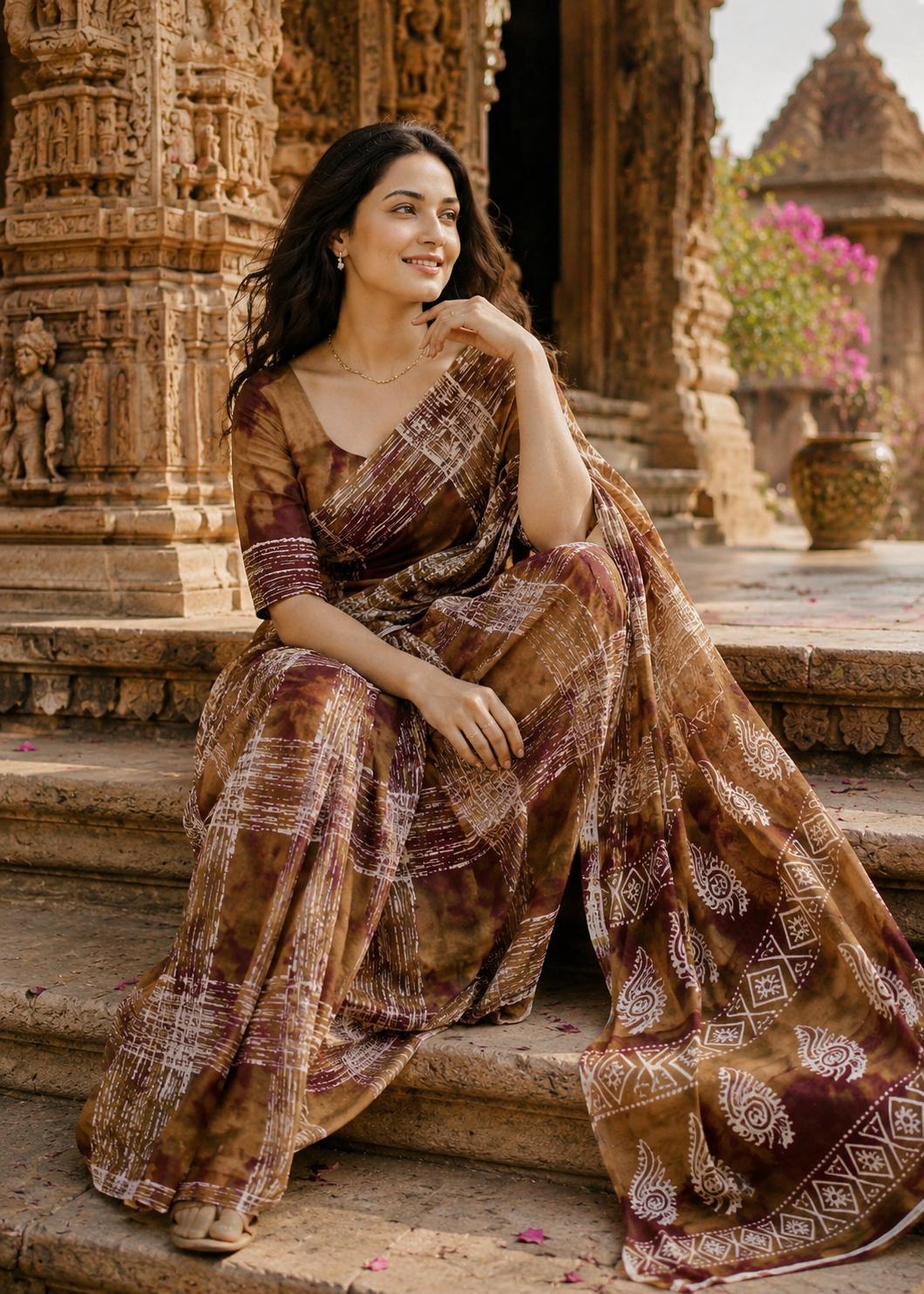 Mulmul Cotton Printed Saree With Unstitched Blouse(brown) image 3