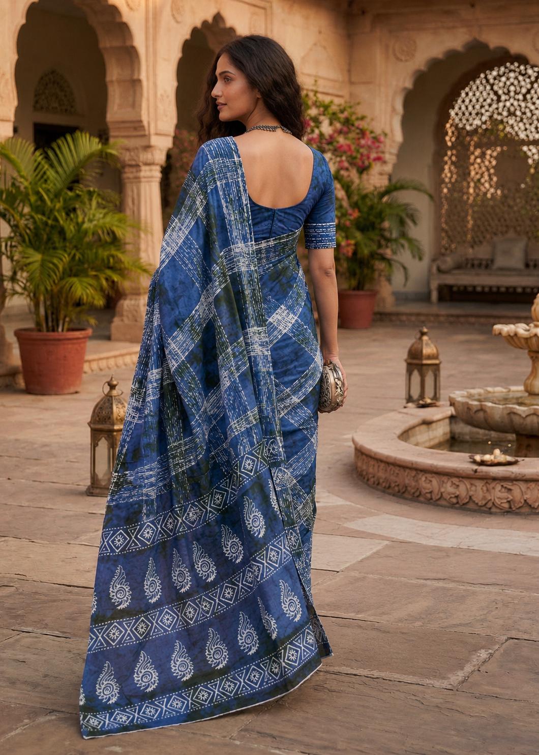 Mulmul Cotton Printed Saree With Unstitched Blouse(blue) image 3