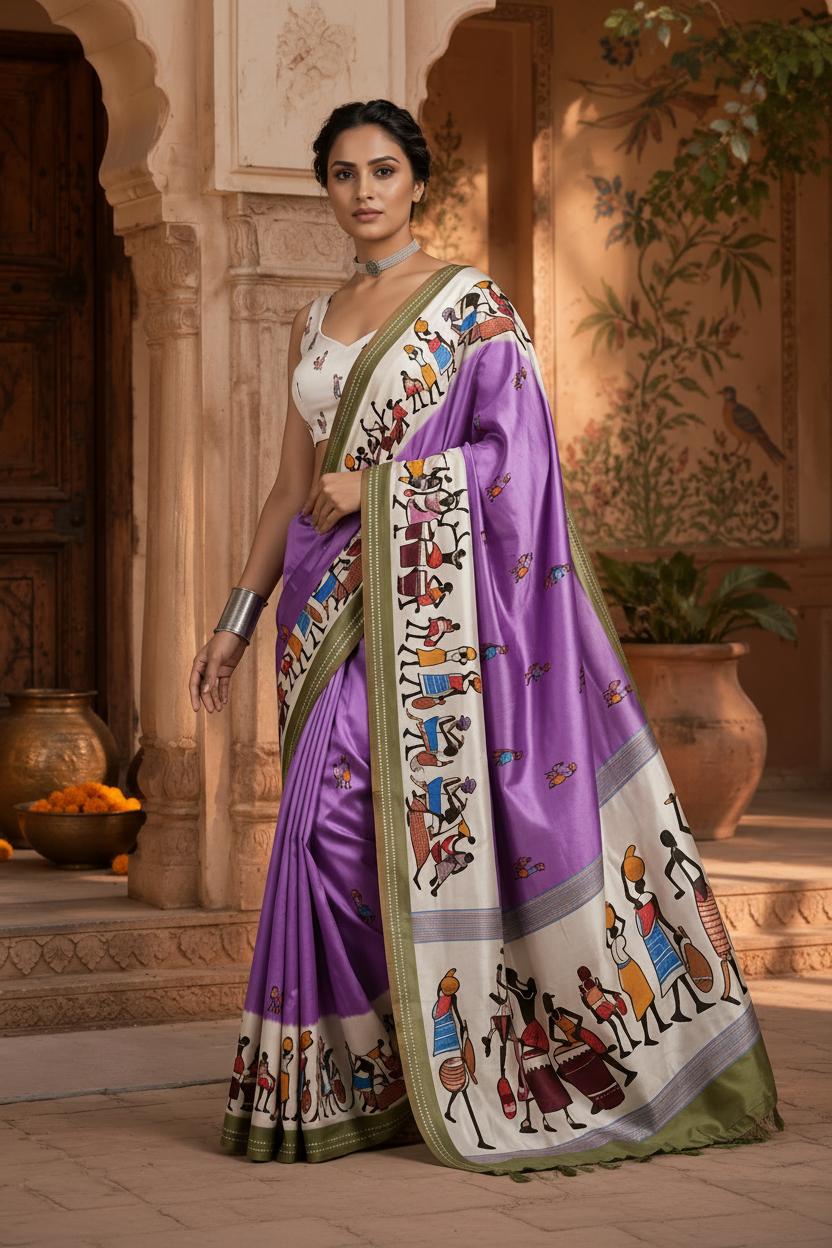 Mulmul Cotton Digital Print Saree With Unstitched Blouse(violet) image 3