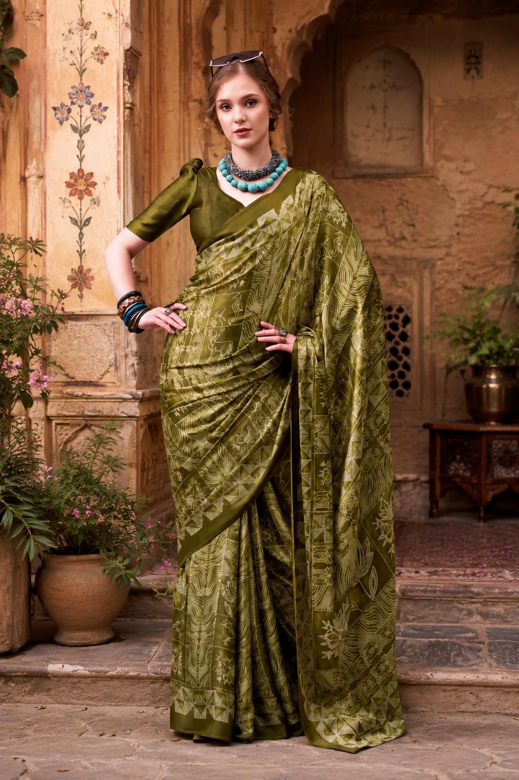 Satin Silk Designer Saree With Unstitched Blouse(green) image 3